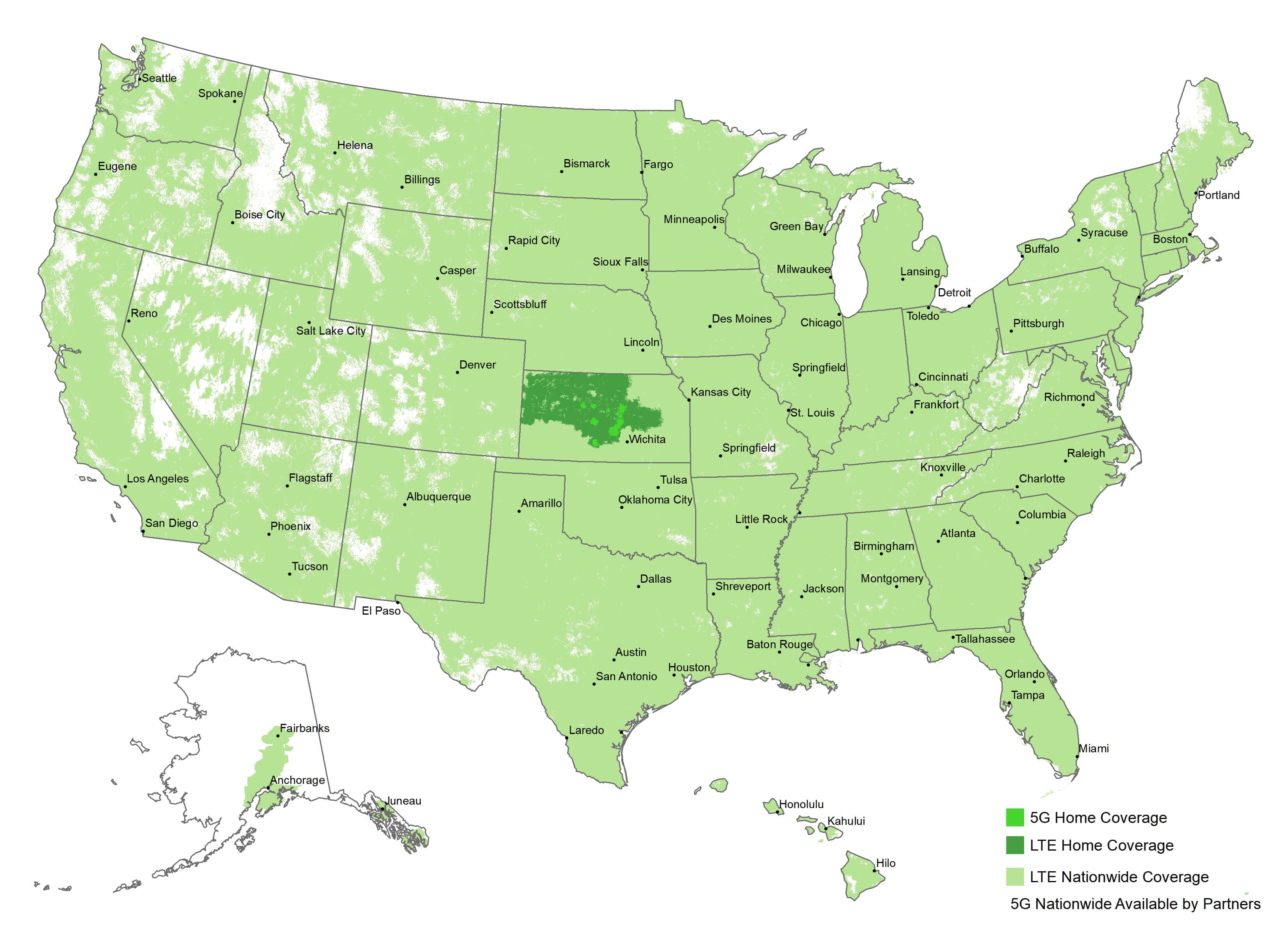 map of the United States with colored coverage area
