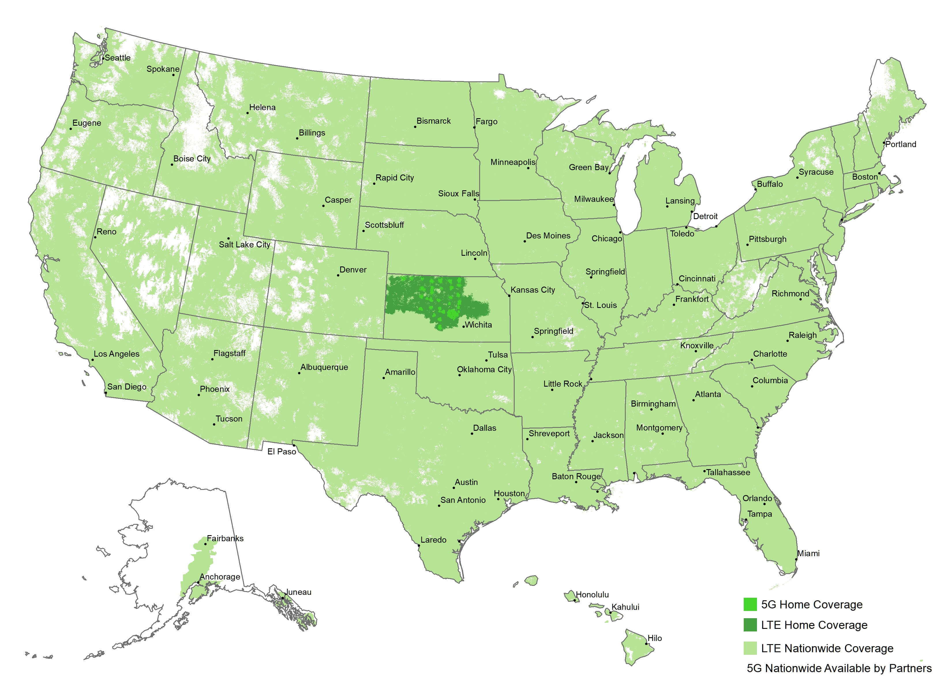 map of the United States with colored coverage area